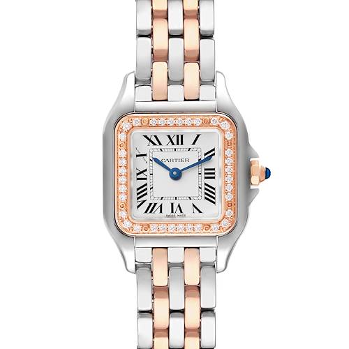 The image shows a front view of the Cartier Panthere W3PN0006 Women's Steel and Gold (two tone) Silver Dial W3PN0006 Women's Steel and Gold (two tone) Silver Dial watch, highlighting its face, dial, and two-tone bracelet.