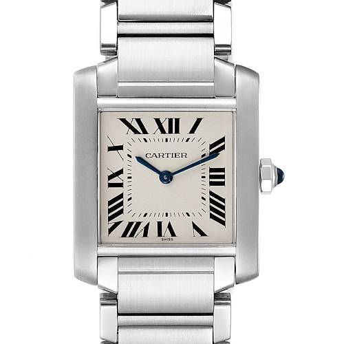 This image shows a frontal view of the Cartier Tank Francaise WSTA0005 Women's Stainless Steel Silver Dial WSTA0005 Women's Stainless Steel Silver Dial watch, highlighting its face, bezel, and part of the bracelet.