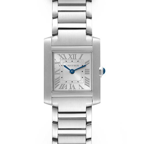 This image shows a frontal view of a Cartier Tank Française watch, highlighting the dial, Roman numeral markers, and stainless steel bracelet.