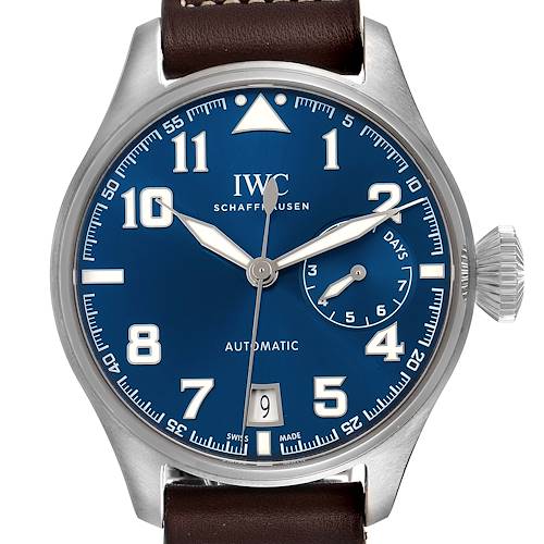This image shows a frontal view of the IWC Pilot IW500908 Men's Stainless Steel Blue Dial IW500908 Men's Stainless Steel Blue Dial watch, highlighting its blue dial, date display, and brown leather strap.