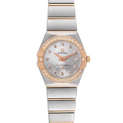 The image shows a front view of the Omega 123.25.24.60.55.009 Women's Steel and Gold (two tone) Silver Dial 123.25.24.60.55.009 Women's Steel and Gold (two tone) Silver Dial Constellation Steel Yellow Gold Diamond Ladies Watch 123.25.24.60.55.009.