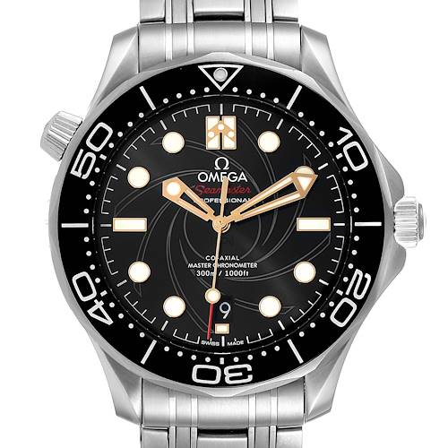 This image shows a front view of the Omega Seamaster 210.22.42.20.01.004 Men's Stainless Steel Black Dial 210.22.42.20.01.004 Men's Stainless Steel Black Dial watch, highlighting its dial, bezel, and bracelet.