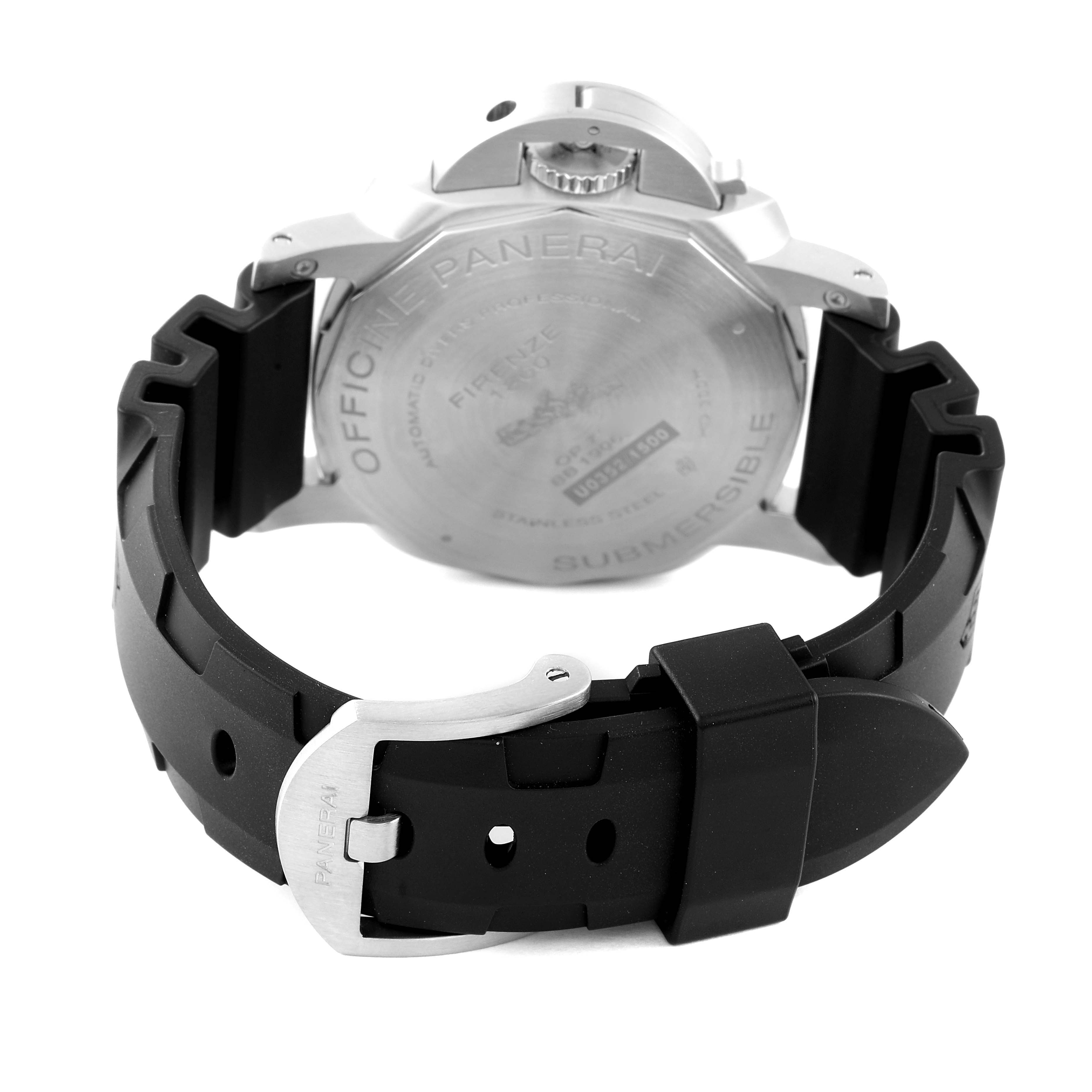 The image shows the back case and strap of a Panerai Submersible PAM00682 Men's Stainless Steel Black Dial PAM00682 Men's Stainless Steel Black Dial watch, viewed from the rear.