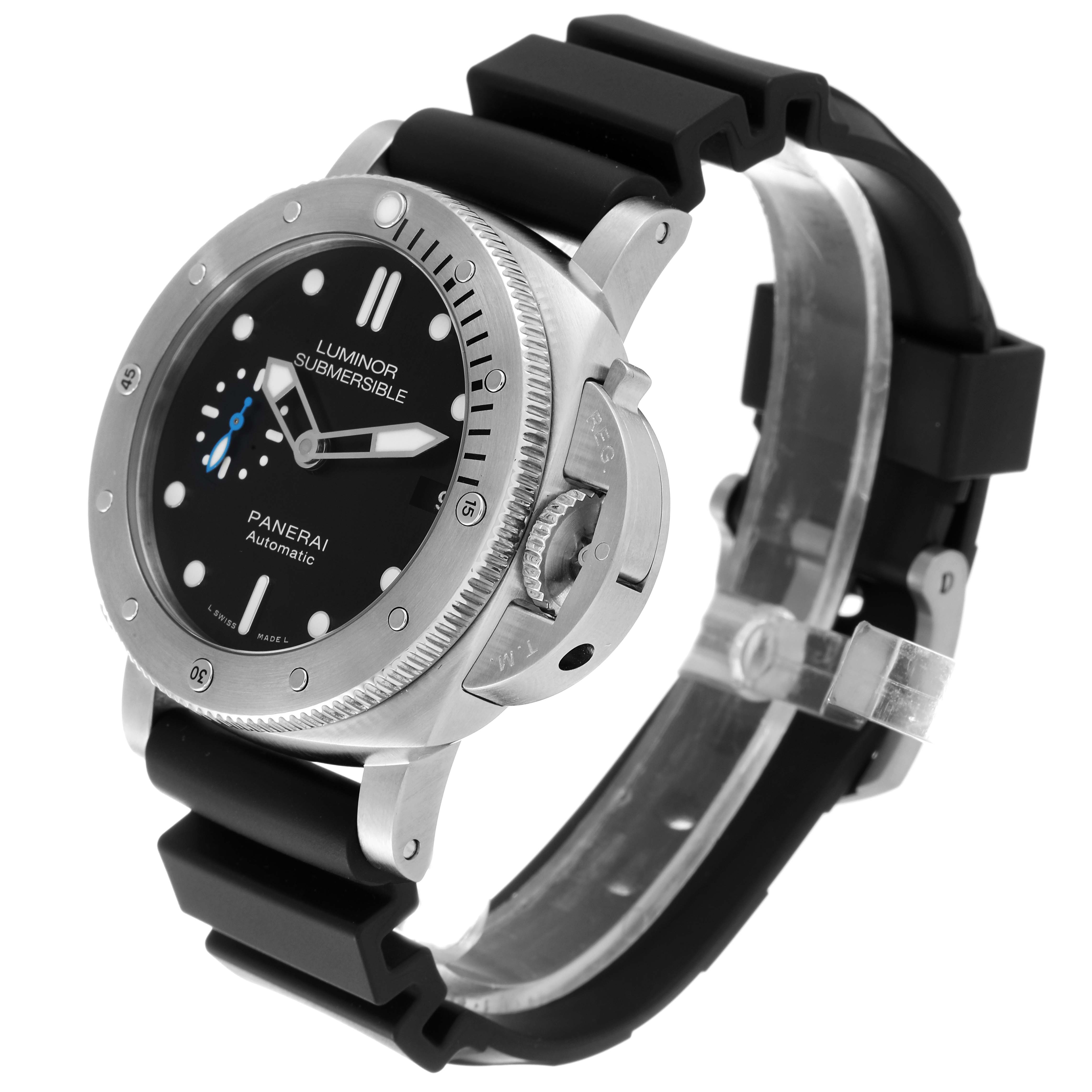 This image shows a Panerai Submersible PAM00682 Men's Stainless Steel Black Dial PAM00682 Men's Stainless Steel Black Dial watch at a 3/4 angle, displaying its black dial, bezel, rubber strap, and crown protection.