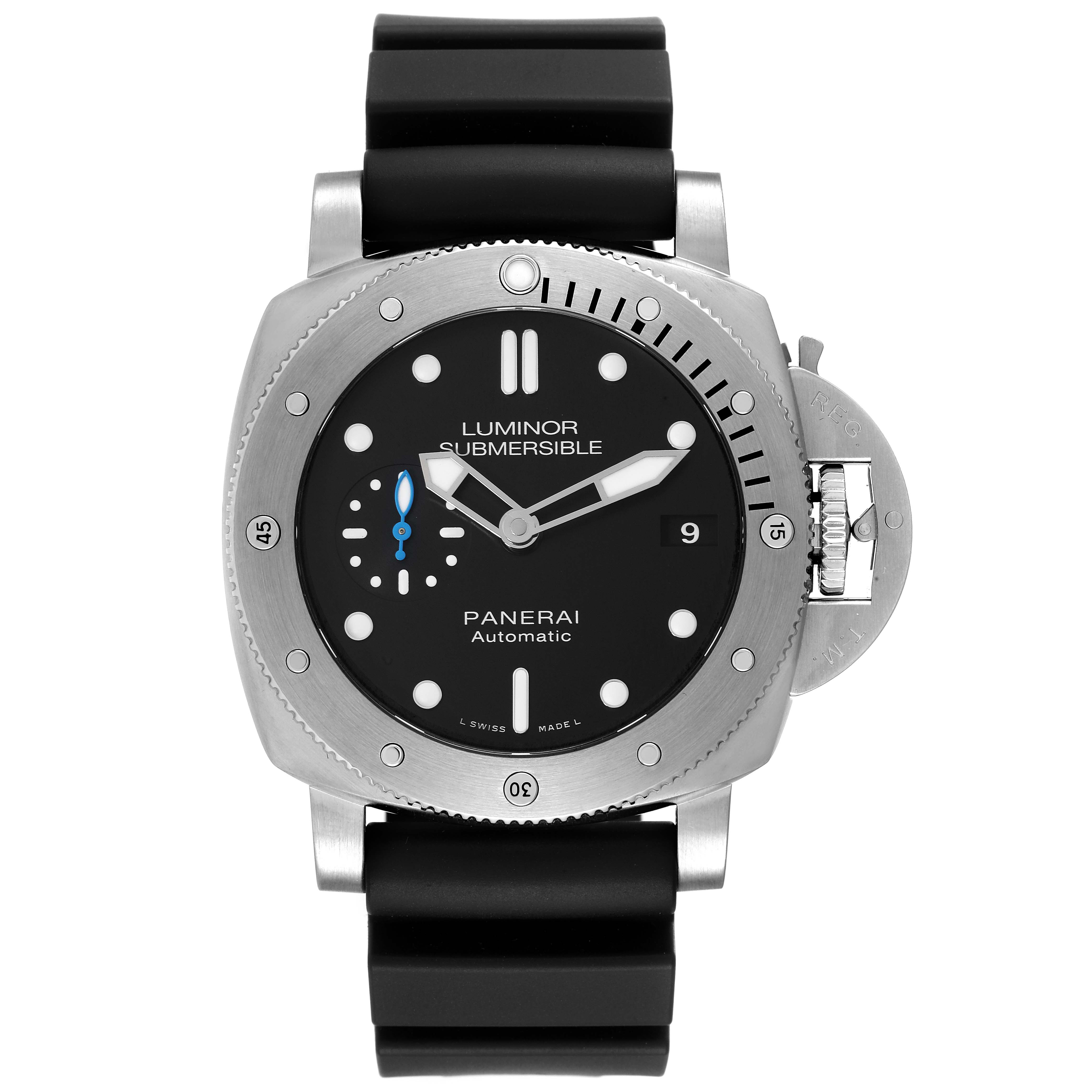 The Panerai Submersible PAM00682 Men's Stainless Steel Black Dial PAM00682 Men's Stainless Steel Black Dial watch is shown from the front, highlighting its dial, bezel, case, and strap.