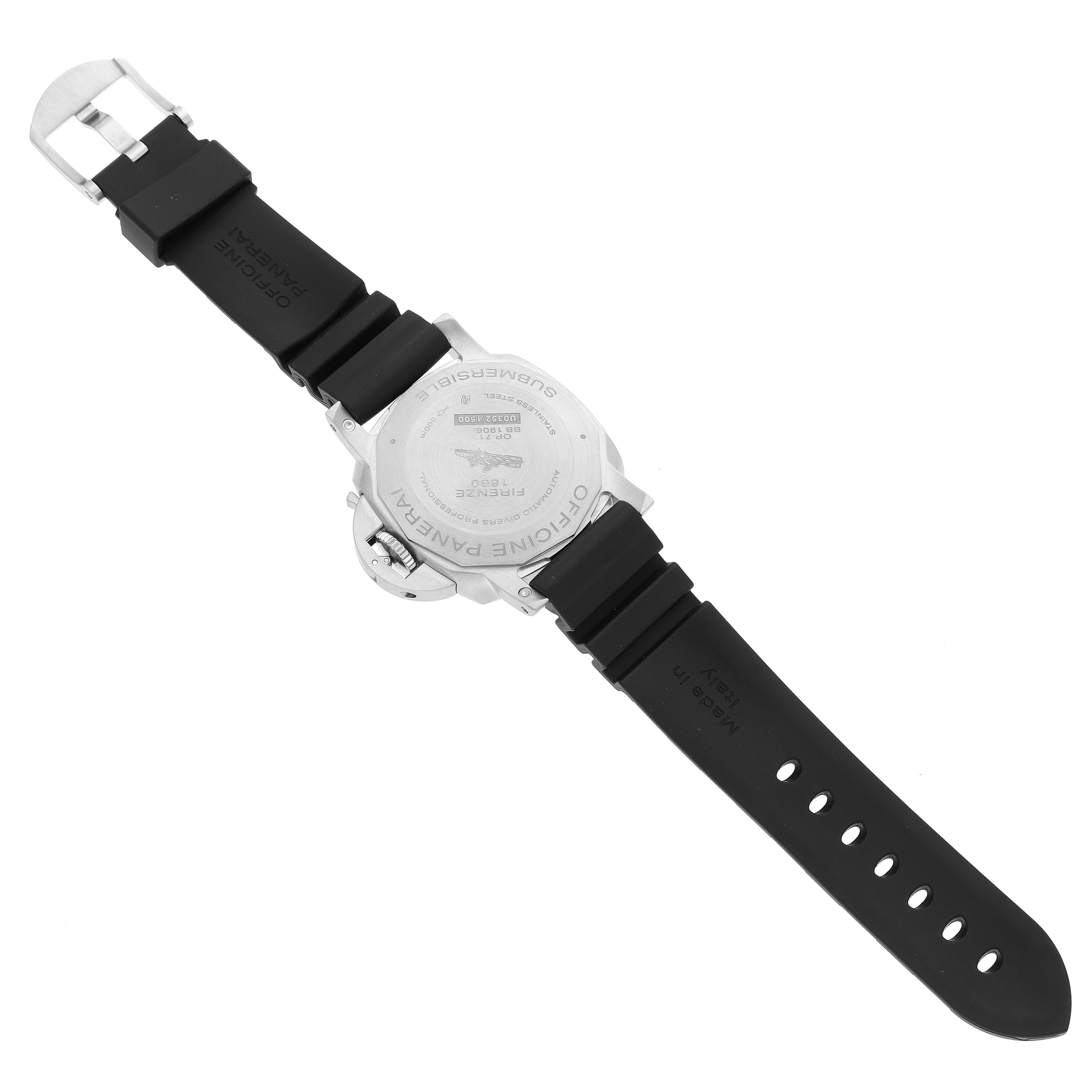 The image shows the back view of the Panerai Submersible PAM00682 Men's Stainless Steel Black Dial PAM00682 Men's Stainless Steel Black Dial model, highlighting its case back and black rubber strap.