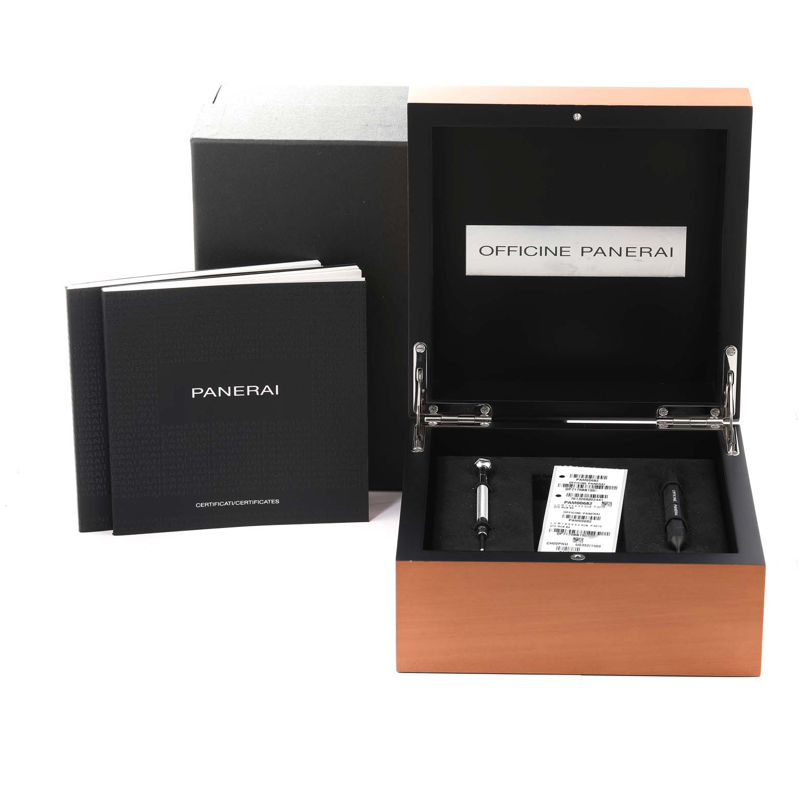 The image shows the box, tools, and certificates for the Panerai Submersible PAM00682 Men's Stainless Steel Black Dial PAM00682 Men's Stainless Steel Black Dial model watch, viewed from the front.