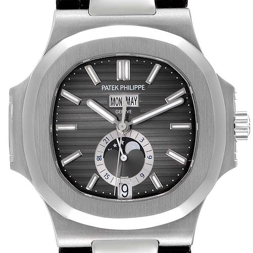 This image shows a front view of a Patek Philippe Nautilus 5726A-001 Men's Stainless Steel Black Dial 5726A-001 Men's Stainless Steel Black Dial watch displaying the dial and crown.
