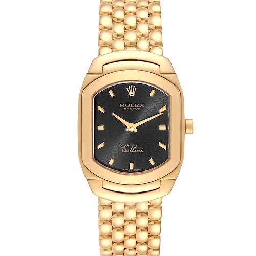 The image shows a frontal view of a Rolex Cellini 6631 Women's Yellow Gold Black Dial 6631 Women's Yellow Gold Black Dial watch with a gold bracelet and black dial.