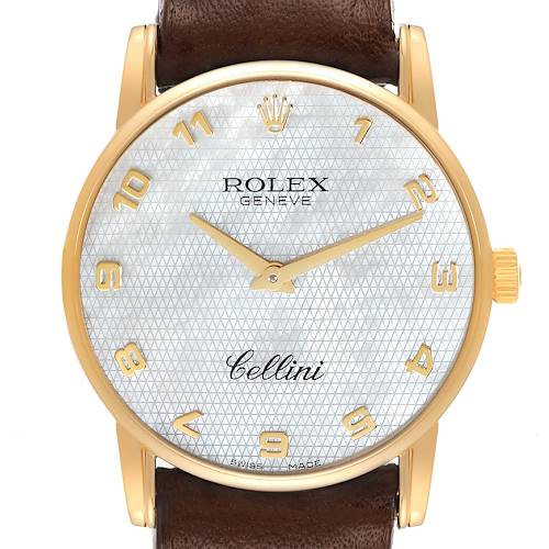 The image shows a front view of a Rolex Cellini 5116 Men's Yellow Gold Mother of Pearl Dial 5116 Men's Yellow Gold Mother of Pearl Dial watch, highlighting its white textured dial, gold numerals, and brown leather strap.
