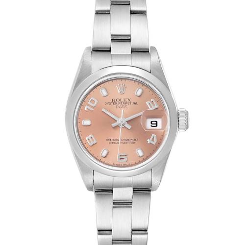 The image shows a Rolex Oyster Perpetual Date model watch, showcasing its face, bezel, dial, and metal bracelet strap.