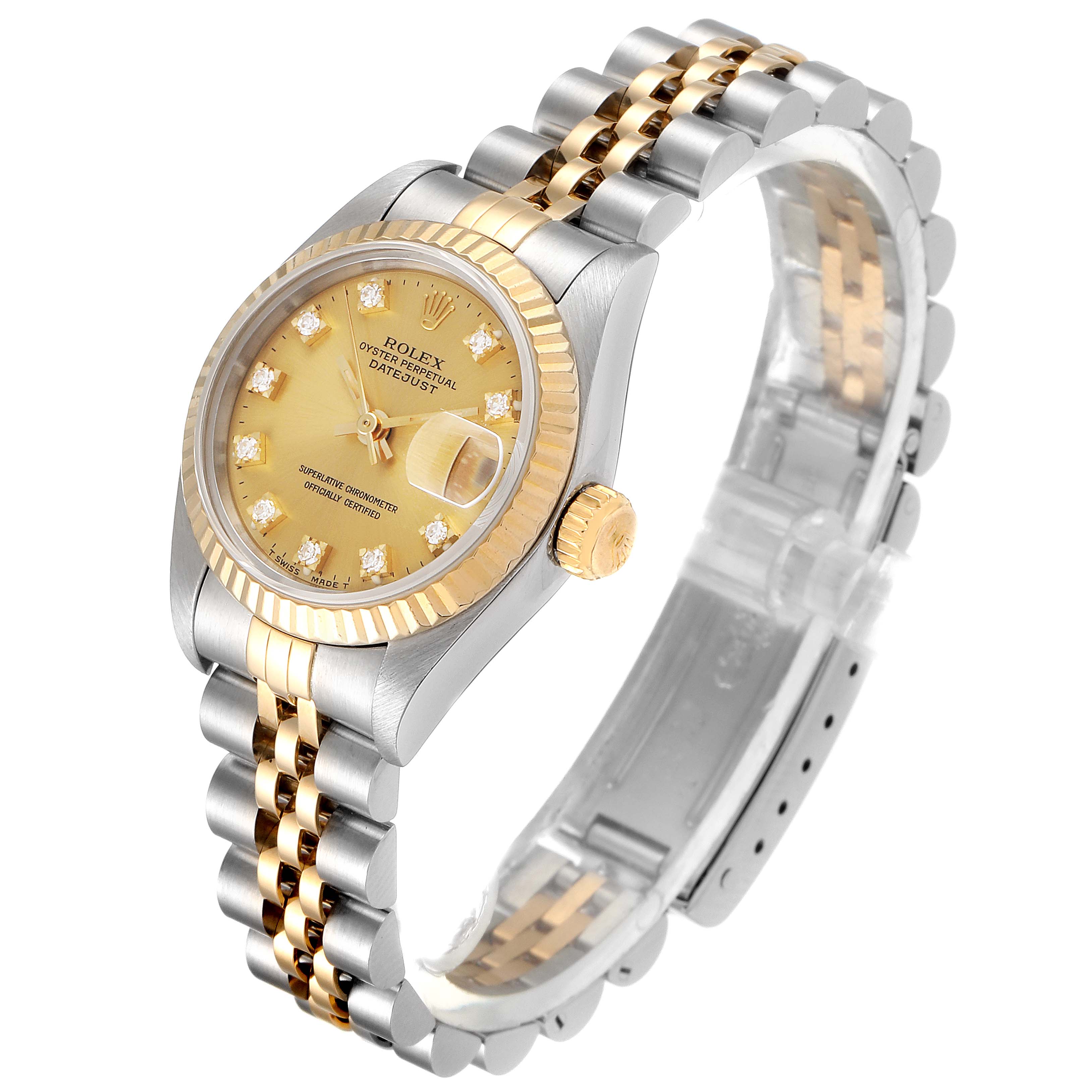 The image shows a Rolex Datejust 69173 Women's Steel and Gold (two tone) Champagne Dial 69173 Women's Steel and Gold (two tone) Champagne Dial watch at a three-quarter front angle, highlighting its dial, bezel, and two-tone bracelet.