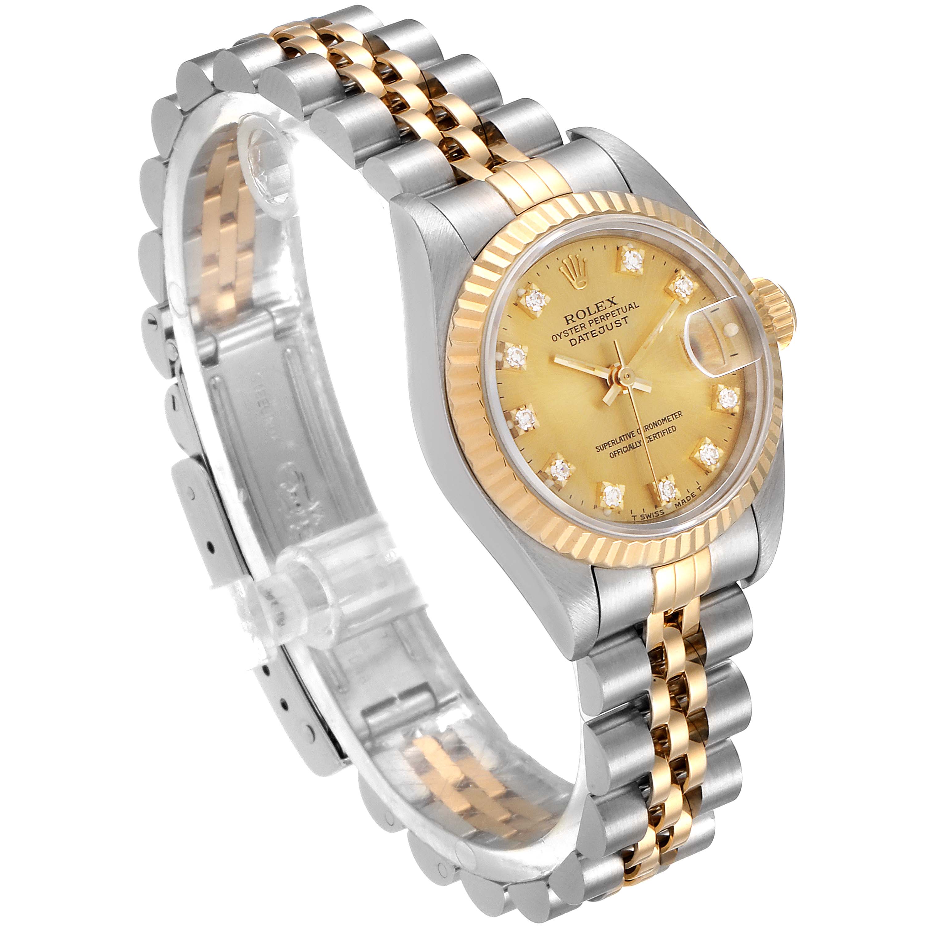 This image shows a Rolex Datejust 69173 Women's Steel and Gold (two tone) Champagne Dial 69173 Women's Steel and Gold (two tone) Champagne Dial watch at a three-quarter angle, highlighting the dial, bezel, and two-tone bracelet.