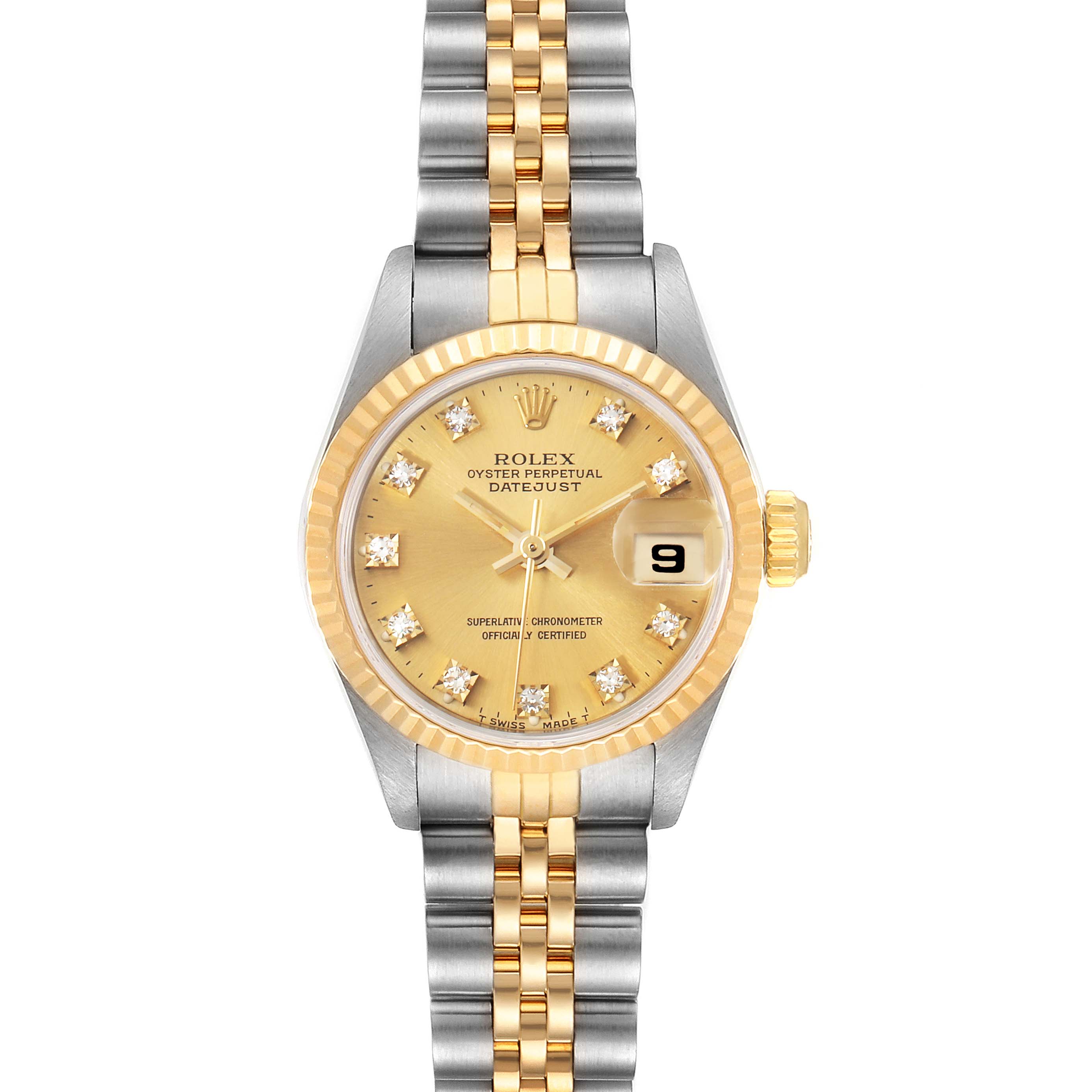 This image shows a front view of the Rolex Datejust 69173 Women's Steel and Gold (two tone) Champagne Dial 69173 Women's Steel and Gold (two tone) Champagne Dial watch, displaying the dial, bezel, crown, and bracelet.