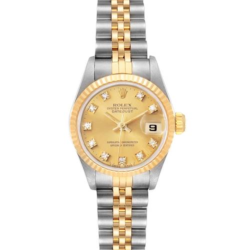 The image shows the front view of a Rolex Datejust 69173 Women's Steel and Gold (two tone) Champagne Dial 69173 Women's Steel and Gold (two tone) Champagne Dial watch, highlighting its dial, fluted bezel, and Jubilee bracelet.