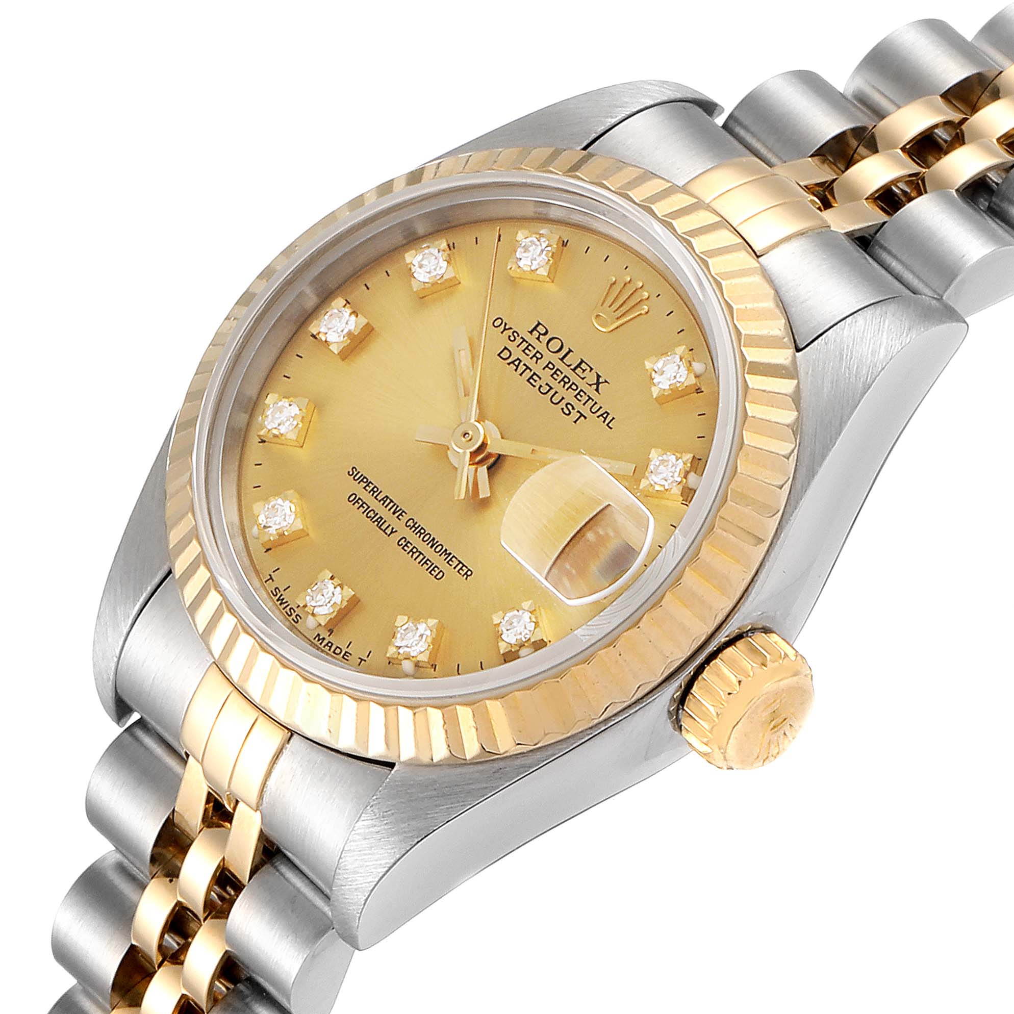 The image shows the Rolex Datejust 69173 Women's Steel and Gold (two tone) Champagne Dial 69173 Women's Steel and Gold (two tone) Champagne Dial watch at an oblique angle, highlighting the dial, crown, and two-tone bracelet.