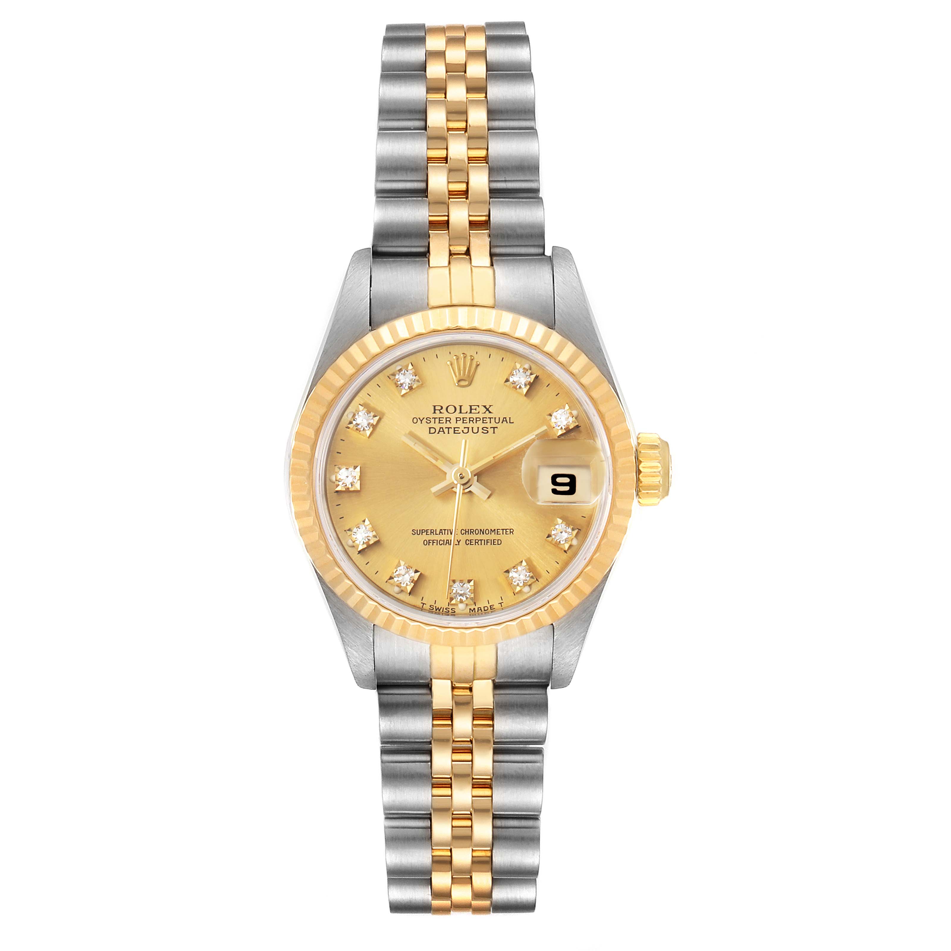 The Rolex Datejust 69173 Women's Steel and Gold (two tone) Champagne Dial 69173 Women's Steel and Gold (two tone) Champagne Dial watch is shown from a front angle, displaying the face, bezel, and bracelet.