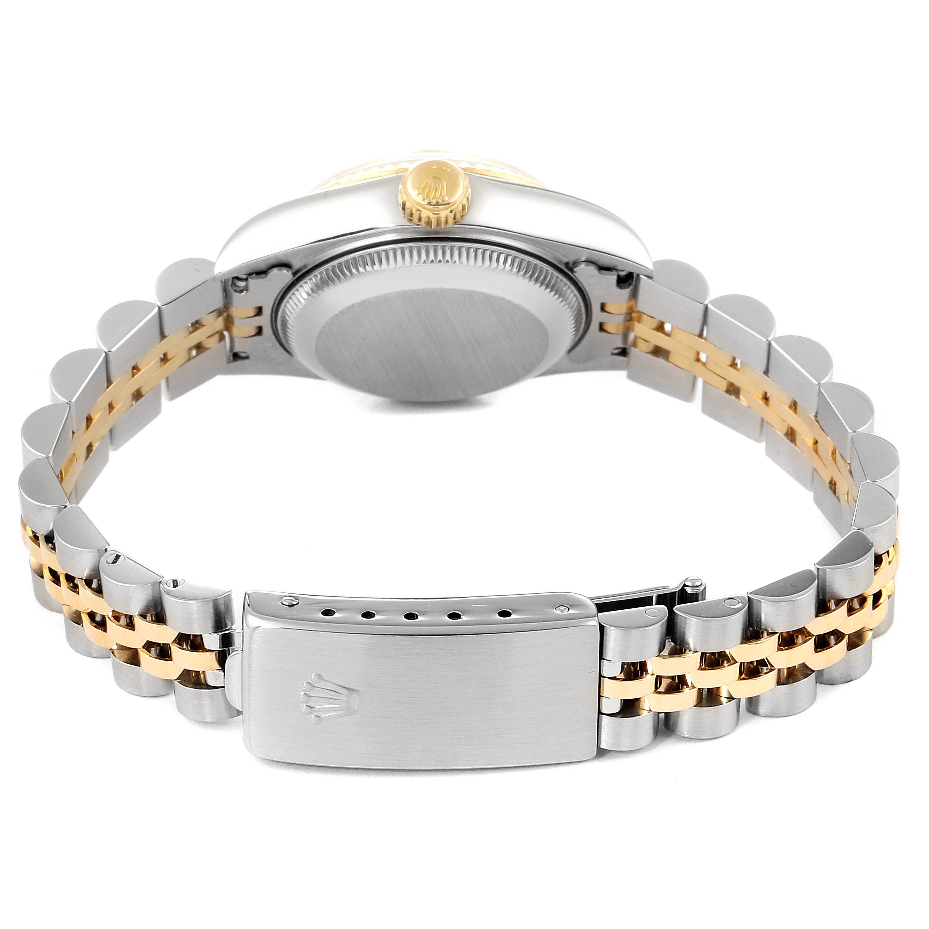 The image shows the back view of a Rolex Datejust 69173 Women's Steel and Gold (two tone) Champagne Dial 69173 Women's Steel and Gold (two tone) Champagne Dial watch, highlighting the case back, crown, and two-tone bracelet with clasp.