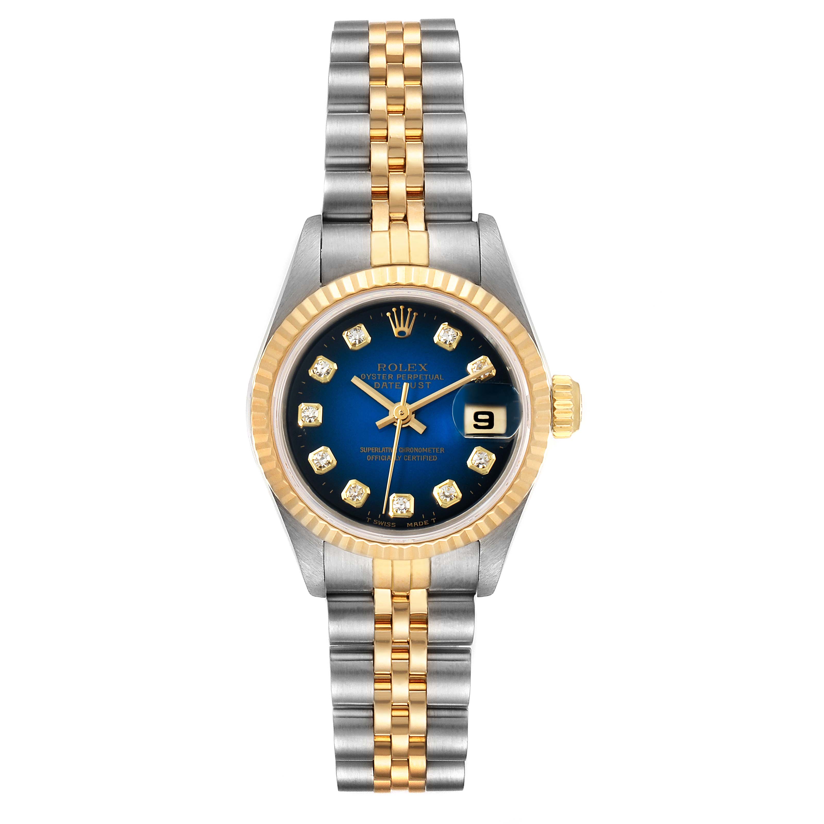 The image shows a front view of a Rolex Datejust 69173 Women's Steel and Gold (two tone) Blue Dial 69173 Women's Steel and Gold (two tone) Blue Dial watch with a two-tone Jubilee bracelet, blue dial, diamond hour markers, and a date window.