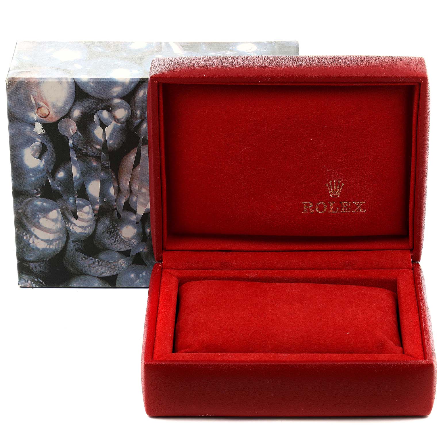 This image shows a Rolex Datejust 69173 Women's Steel and Gold (two tone) Blue Dial 69173 Women's Steel and Gold (two tone) Blue Dial watch box and outer packaging at a front angle.