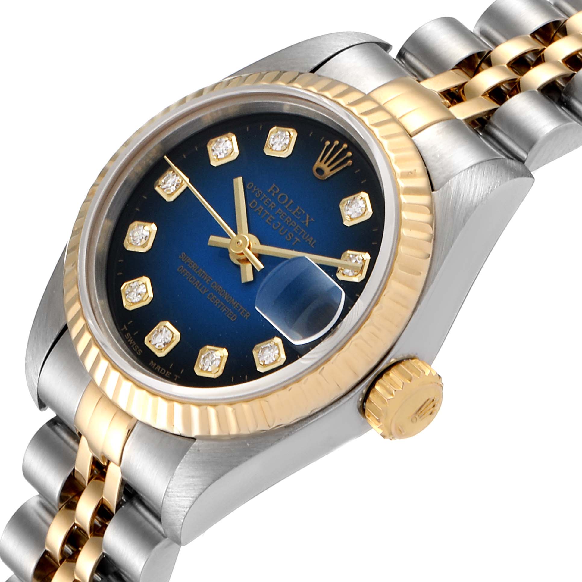 The image shows a Rolex Datejust 69173 Women's Steel and Gold (two tone) Blue Dial 69173 Women's Steel and Gold (two tone) Blue Dial watch angled to display its blue dial, diamond hour markers, fluted bezel, and two-tone bracelet.