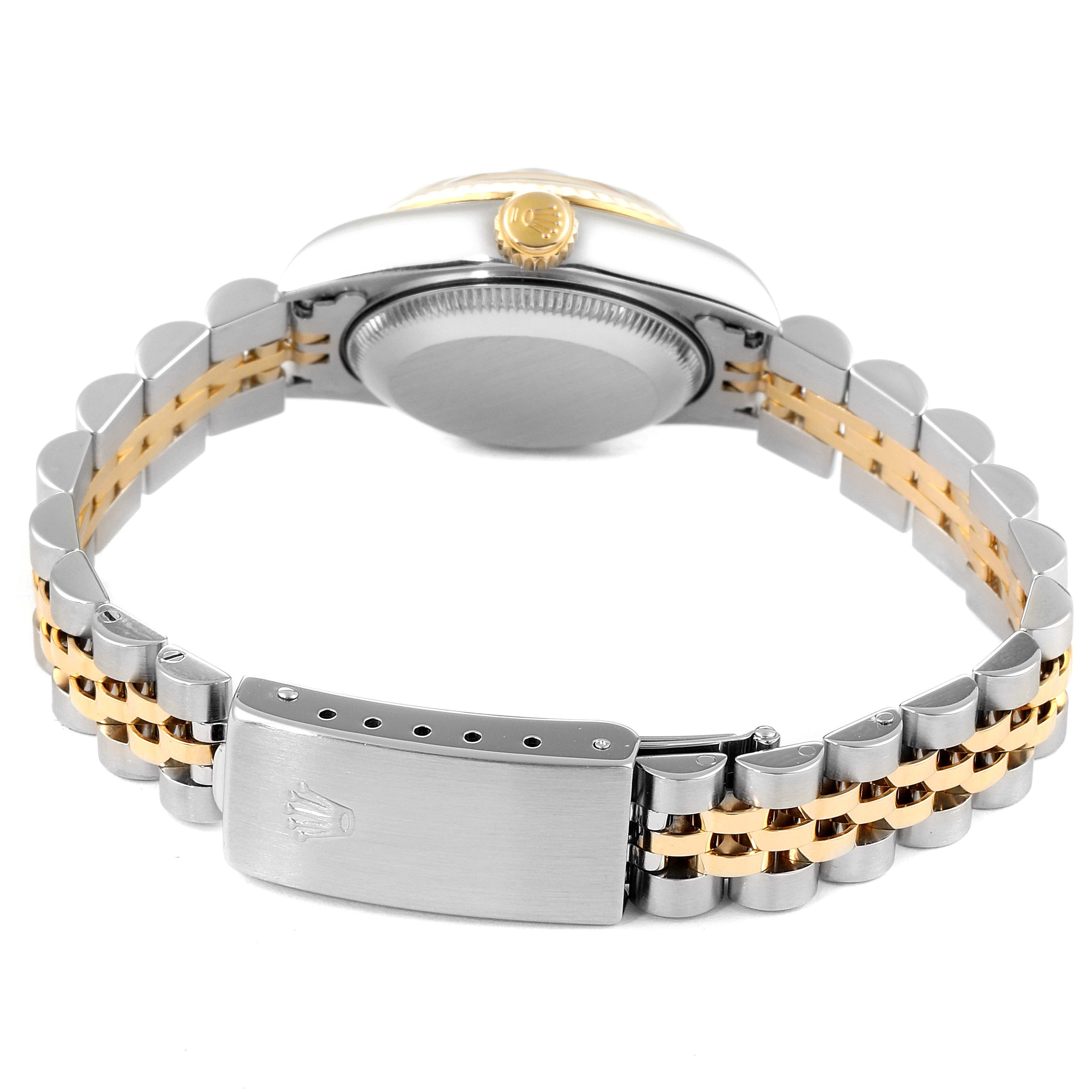 The image shows the back and side view of a Rolex Datejust 69173 Women's Steel and Gold (two tone) Blue Dial 69173 Women's Steel and Gold (two tone) Blue Dial watch, highlighting its two-tone bracelet and clasp.