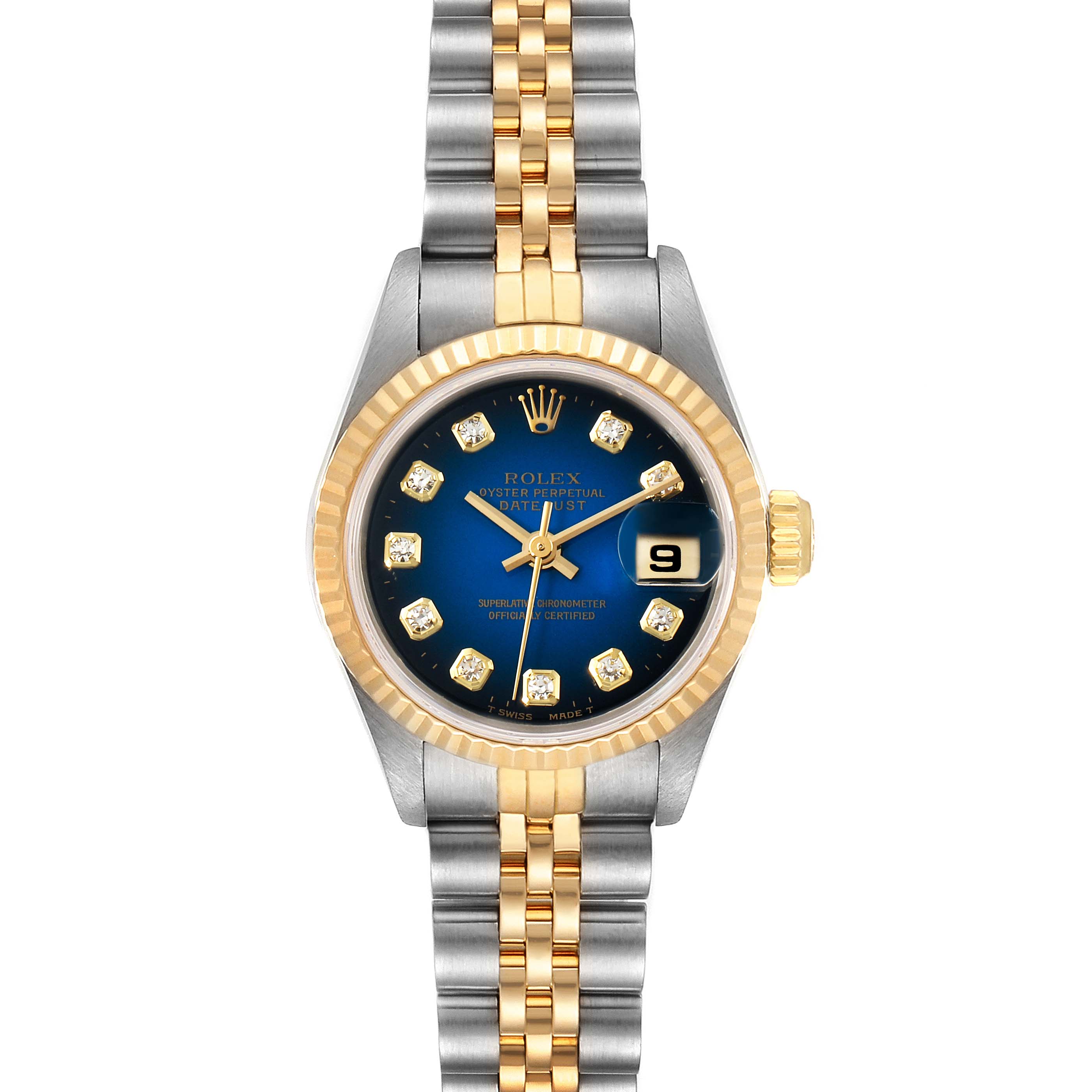 The image shows a Rolex Datejust 69173 Women's Steel and Gold (two tone) Blue Dial 69173 Women's Steel and Gold (two tone) Blue Dial watch from a front view, displaying its face, bezel, and bracelet.