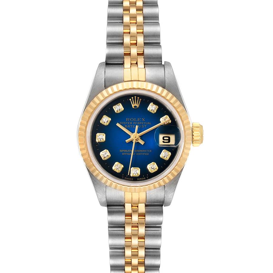 The image shows a Rolex Datejust 69173 Women's Steel and Gold (two tone) Blue Dial 69173 Women's Steel and Gold (two tone) Blue Dial watch from a front view, displaying its face, bezel, and bracelet.