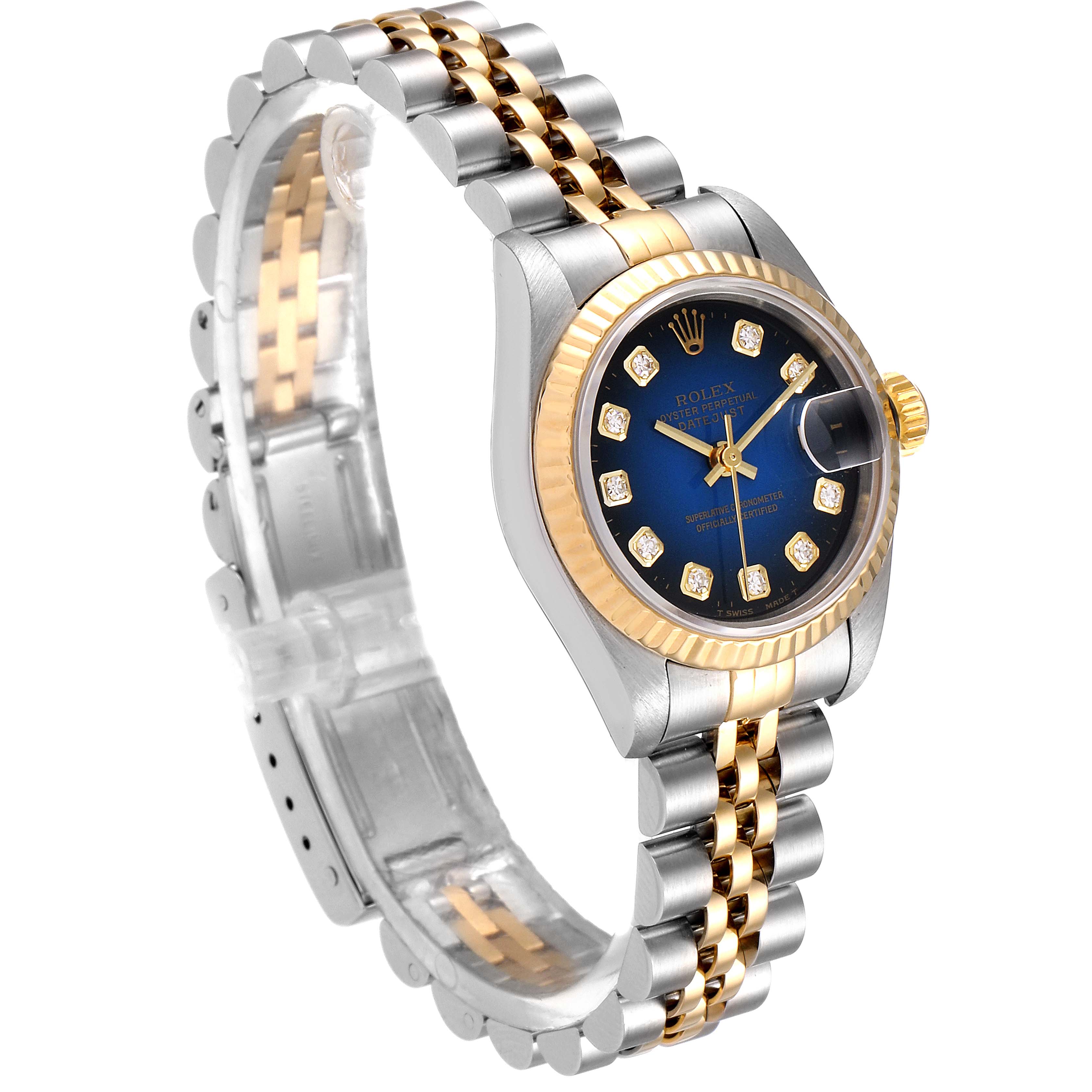 This image shows the side and front angle of a Rolex Datejust 69173 Women's Steel and Gold (two tone) Blue Dial 69173 Women's Steel and Gold (two tone) Blue Dial watch, highlighting its jubilee bracelet and fluted bezel.