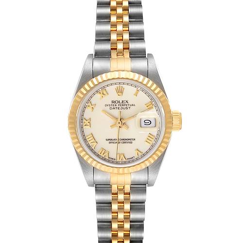 The image shows a front view of a Rolex Datejust 69173 Women's Steel and Gold (two tone) Beige Dial 69173 Women's Steel and Gold (two tone) Beige Dial watch, displaying its face, bezel, and two-tone bracelet.