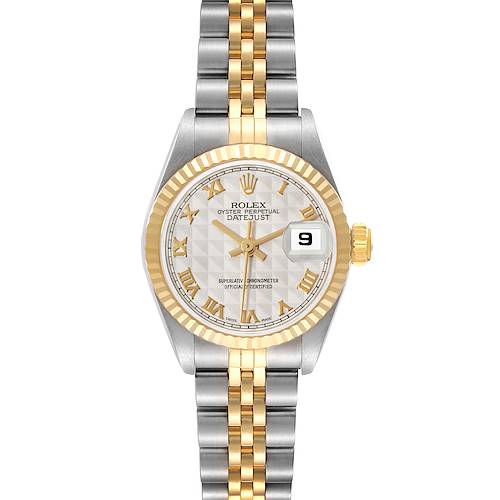 The image shows a front view of a Rolex Datejust 69173 Women's Steel and Gold (two tone) Beige Dial 69173 Women's Steel and Gold (two tone) Beige Dial watch, highlighting its dial, case, bezel, and bracelet.