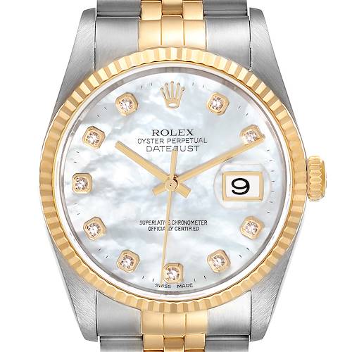 This is a close-up of a Rolex Datejust 16233 Men's Steel and Gold (two tone) Mother of Pearl Dial 16233 Men's Steel and Gold (two tone) Mother of Pearl Dial watch, showcasing its dial, bezel, and part of the bracelet.