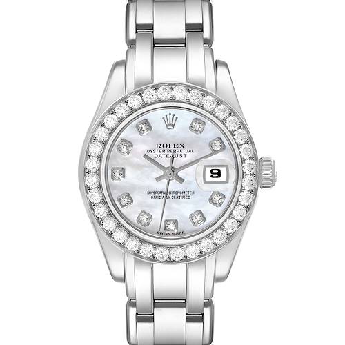 This image shows a front view of a Rolex Pearlmaster 69299 Women's White Gold Mother of Pearl Dial 69299 Women's White Gold Mother of Pearl Dial watch, featuring its dial, bezel, and bracelet.