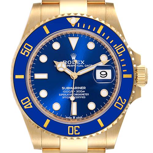 The image shows a front view of the Rolex Submariner 126618 Men's Yellow Gold Blue Dial 126618 Men's Yellow Gold Blue Dial watch, highlighting its blue dial, bezel, and date display.