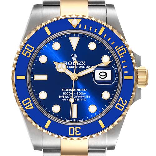 The image shows a front view of a Rolex Submariner 126613 Men's Steel and Gold (two tone) Blue Dial 126613 Men's Steel and Gold (two tone) Blue Dial watch with a blue dial, blue bezel, and gold accents.