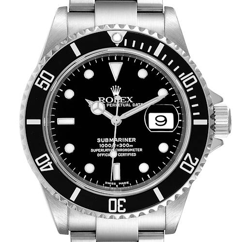 The image shows a front view of the Rolex Submariner 16610 Men's Stainless Steel Black Dial 16610 Men's Stainless Steel Black Dial watch, highlighting its black dial, bezel, and stainless steel bracelet.