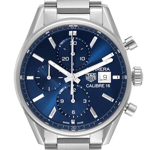 This is the front view of a Tag Heuer Carrera CBK2112.BA0715 Men's Stainless Steel Blue Dial CBK2112.BA0715 Men's Stainless Steel Blue Dial watch, featuring a blue dial, chronograph subdials, and a date display.