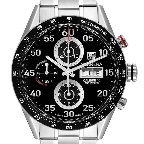 This image shows the face of a Tag Heuer Carrera CV2A10.BA0796 Men's Stainless Steel Black Dial CV2A10.BA0796 Men's Stainless Steel Black Dial watch, highlighting its chronograph, date display, and tachymeter bezel.
