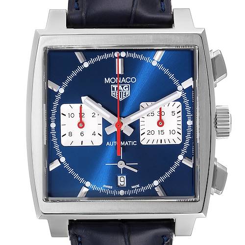 This Tag Heuer Monaco CBL2111.FC6453 Men's Stainless Steel Blue Dial CBL2111.FC6453 Men's Stainless Steel Blue Dial watch is shown from a front angle, highlighting its dial, hands, and crown.