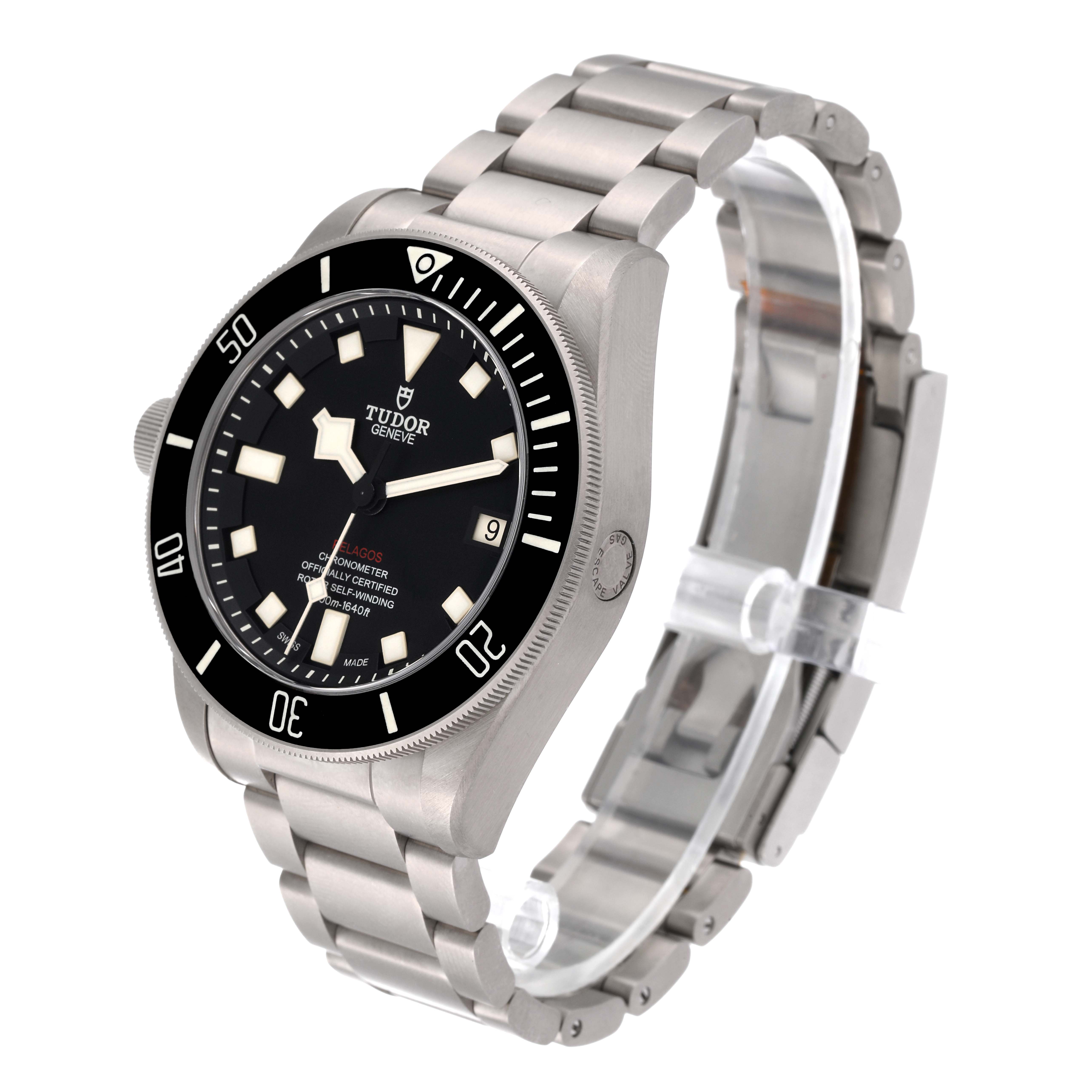 The Tudor Pelagos 25610TNL Men's Titanium Black Dial 25610TNL Men's Titanium Black Dial watch is shown at a slight angle, highlighting its face, bezel, crown, and metal bracelet.