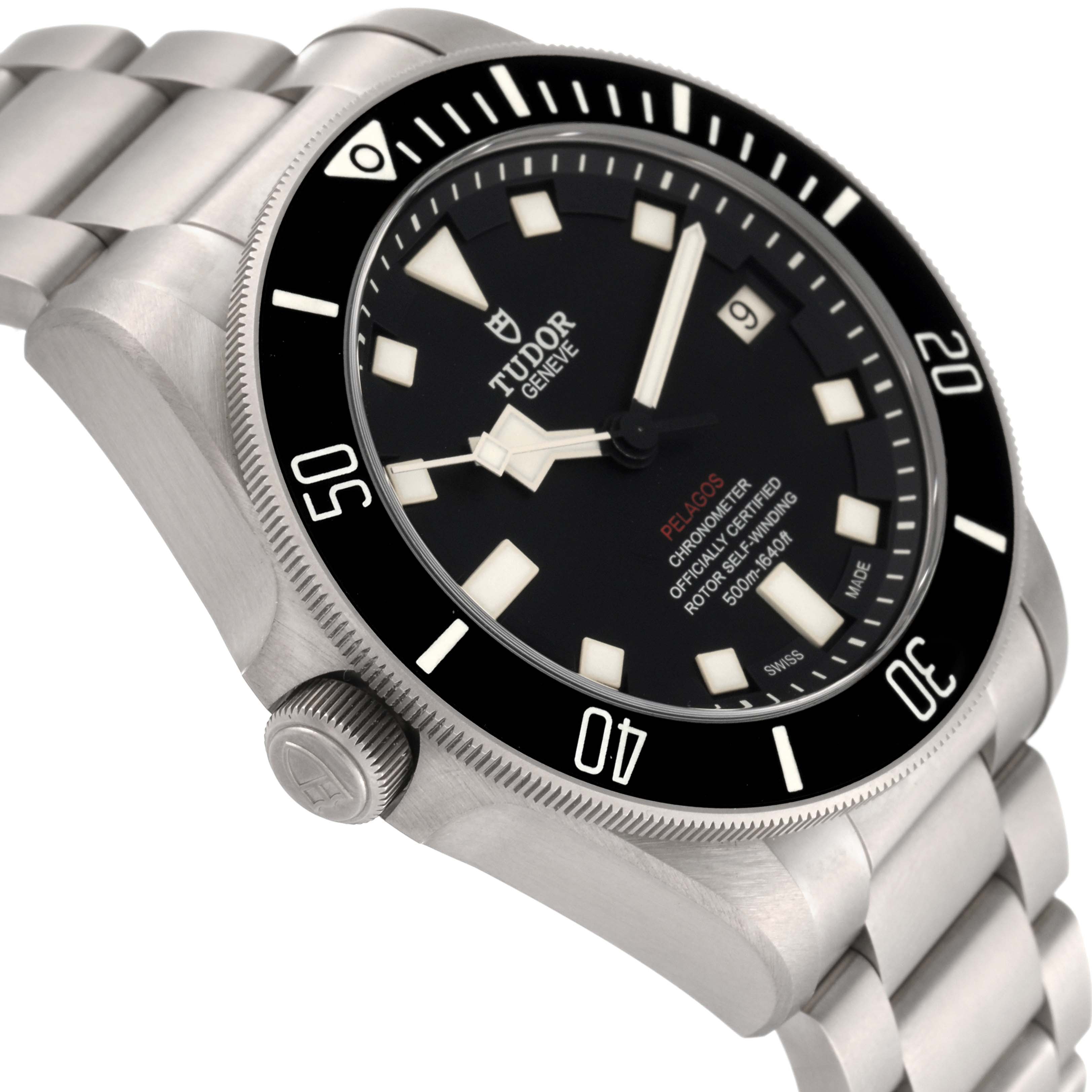 The Tudor Pelagos 25610TNL Men's Titanium Black Dial 25610TNL Men's Titanium Black Dial watch is shown at a side angle featuring the dial, bezel, crown, and part of the bracelet.