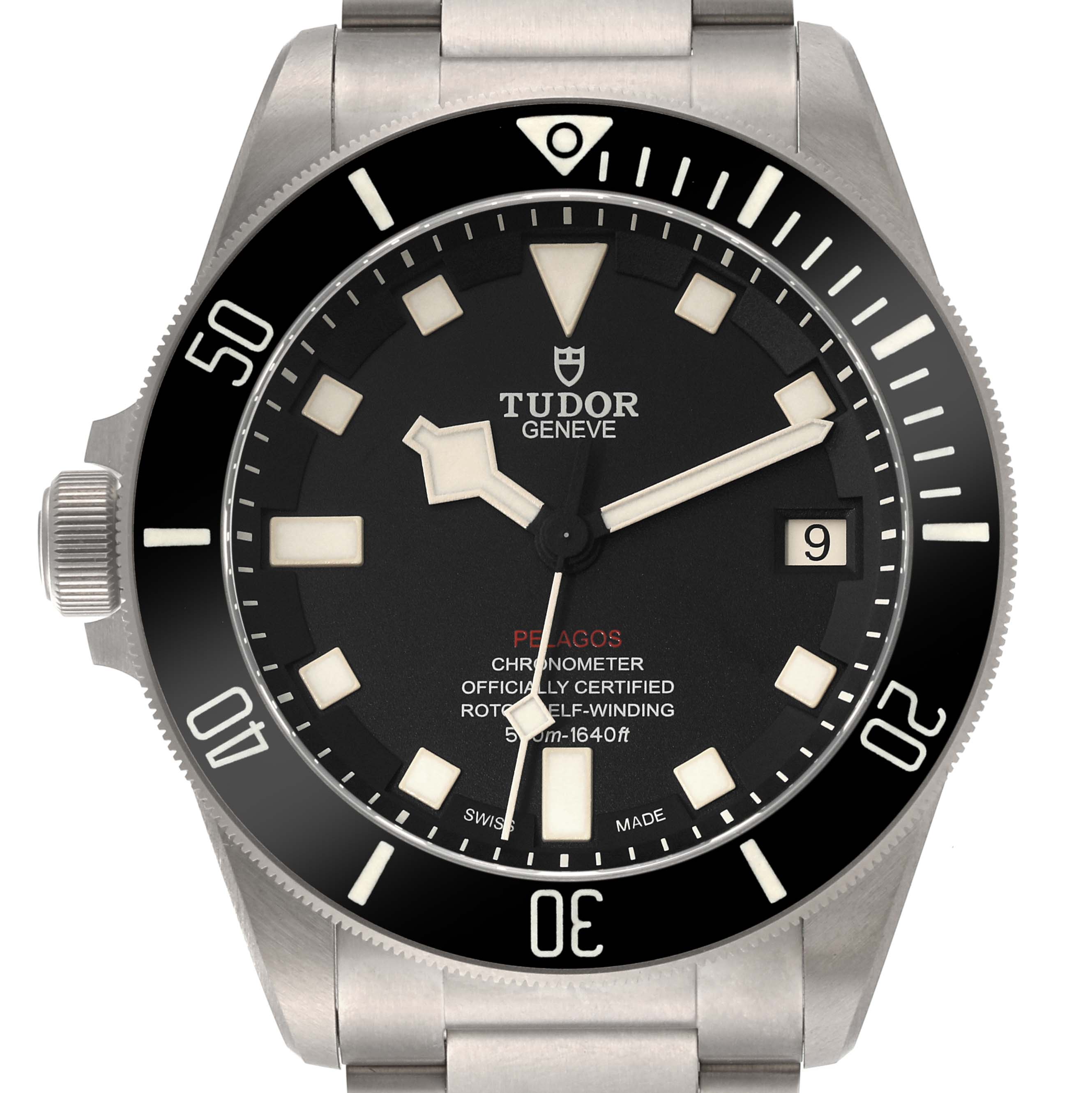 The Tudor Pelagos 25610TNL Men's Titanium Black Dial 25610TNL Men's Titanium Black Dial watch is shown from a front angle, displaying its face, bezel, crown, and part of its bracelet.