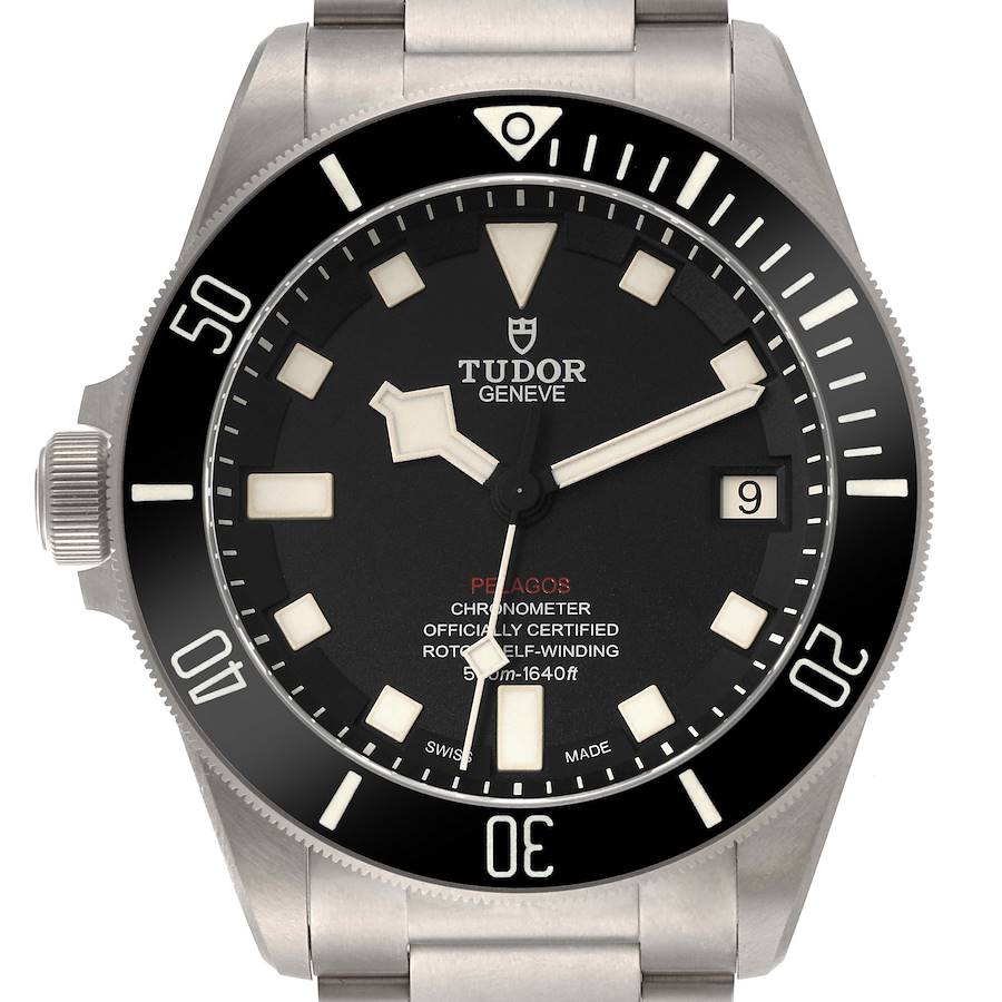 The Tudor Pelagos 25610TNL Men's Titanium Black Dial 25610TNL Men's Titanium Black Dial watch is shown from a front angle, displaying its face, bezel, crown, and part of its bracelet.