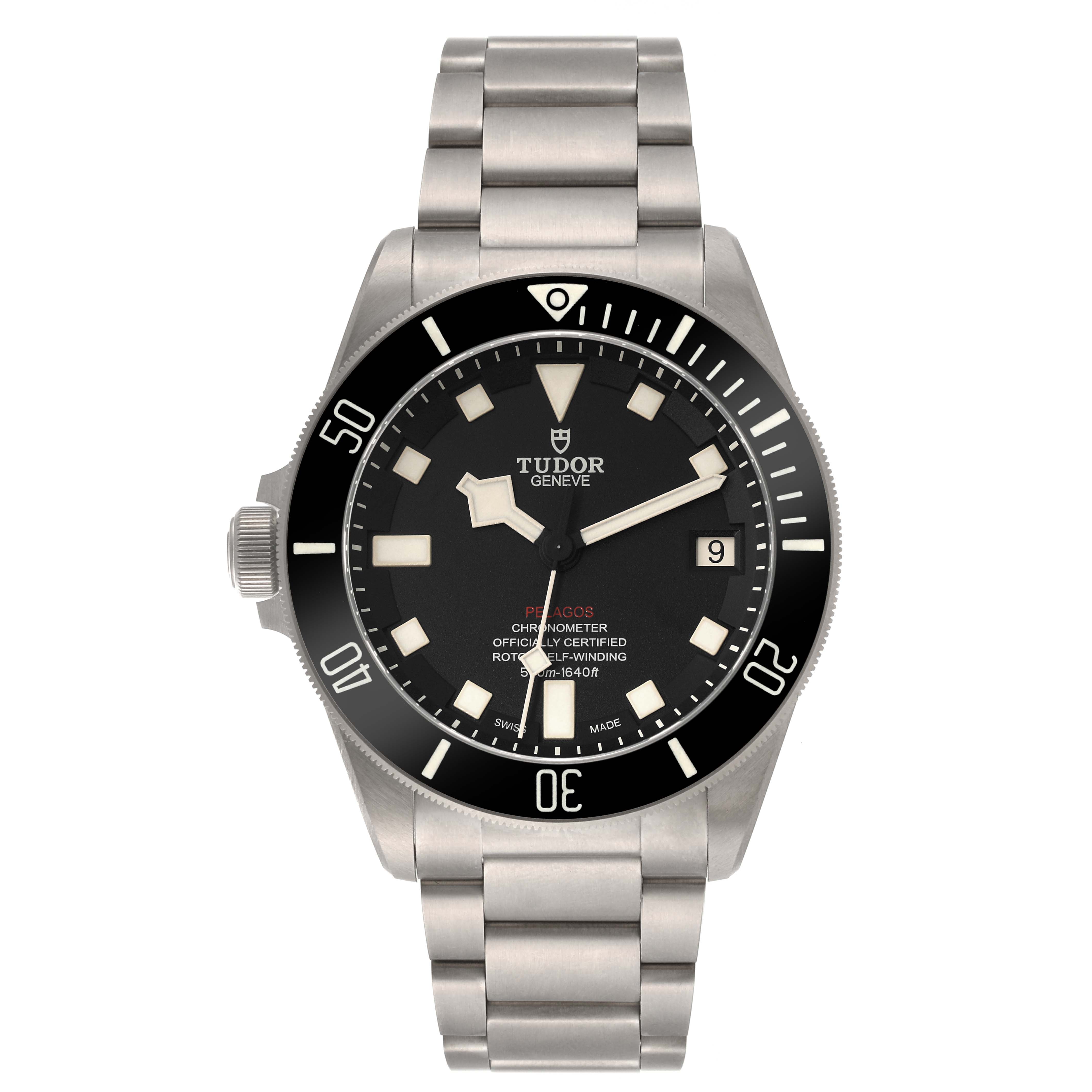The image shows a front view of a Tudor Pelagos 25610TNL Men's Titanium Black Dial 25610TNL Men's Titanium Black Dial watch, displaying its face, bezel, hands, and bracelet.