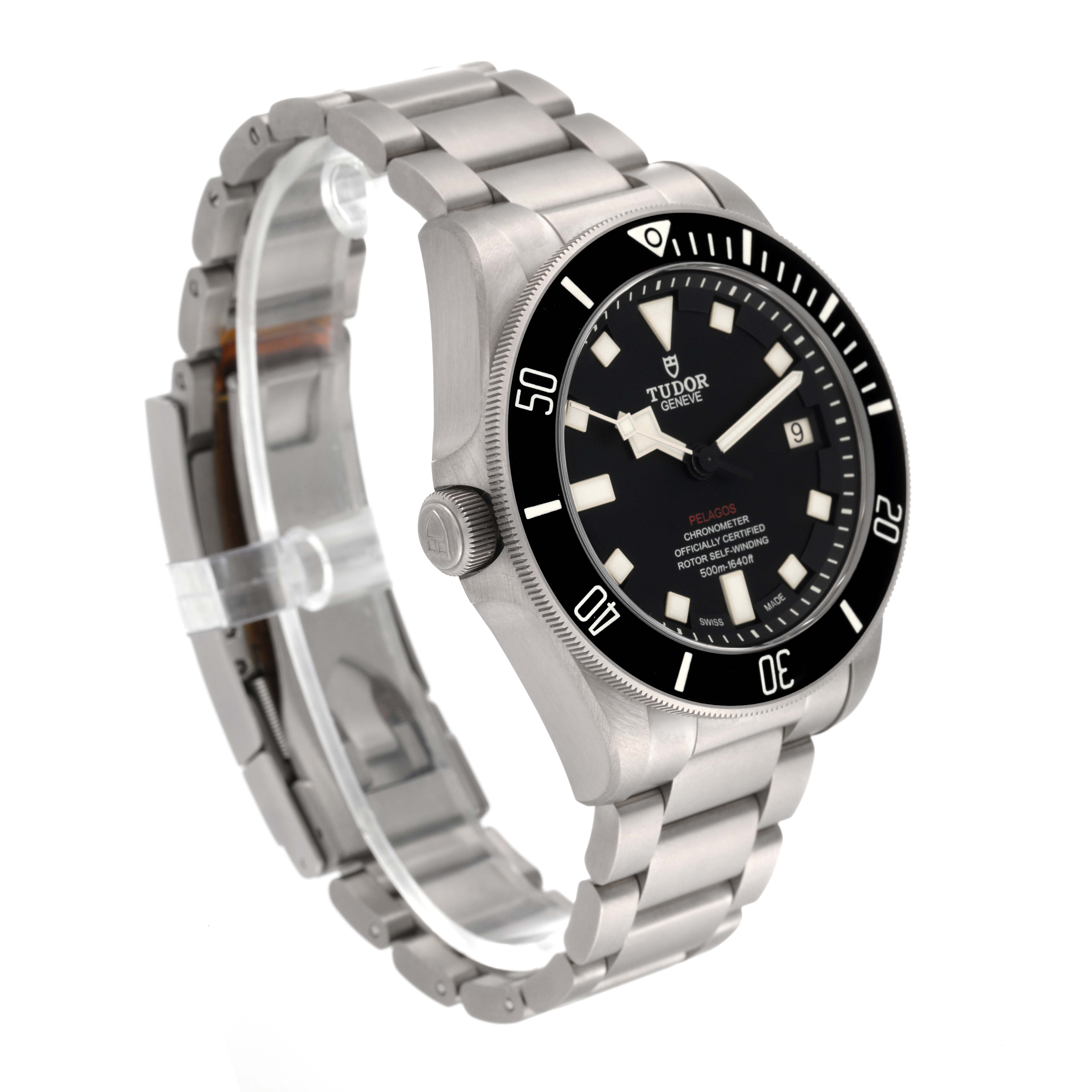 This image shows the Tudor Pelagos 25610TNL Men's Titanium Black Dial 25610TNL Men's Titanium Black Dial watch at a three-quarter angle, highlighting the dial, bezel, and metal bracelet.