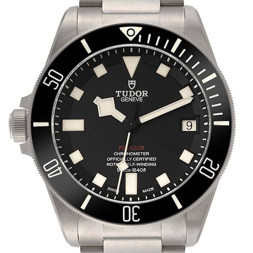 The image shows a front view of the Tudor Pelagos 25610TNL Men's Titanium Black Dial 25610TNL Men's Titanium Black Dial watch, highlighting the dial, bezel, and a portion of the bracelet.
