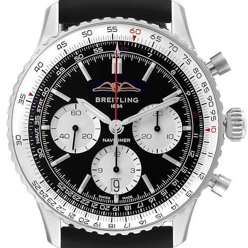 The Breitling Navitimer AB0138211B1P1 Men's Stainless Steel Black Dial AB0138211B1P1 Men's Stainless Steel Black Dial watch is shown from a front angle, displaying its face, bezel, and dial details.