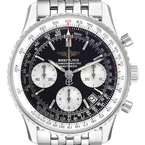 The Breitling Navitimer A23322 Men's Stainless Steel Black Dial A23322 Men's Stainless Steel Black Dial watch is shown from a front angle displaying its full face, bezel, and part of the metal bracelet.
