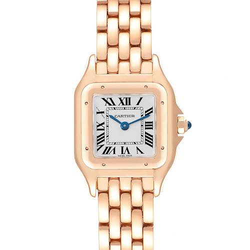 The Cartier Panthere WGPN0006 Women's Rose Gold Silver Dial WGPN0006 Women's Rose Gold Silver Dial watch is shown from the front, displaying the face, bezel, and part of the bracelet.