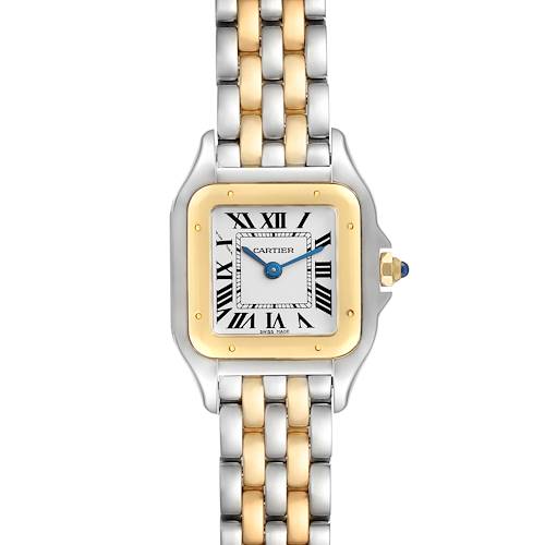 The Cartier Panthere W2PN0006 Women's Steel and Gold (two tone) Silver Dial W2PN0006 Women's Steel and Gold (two tone) Silver Dial watch is shown from a top view, featuring the face and two-tone bracelet.